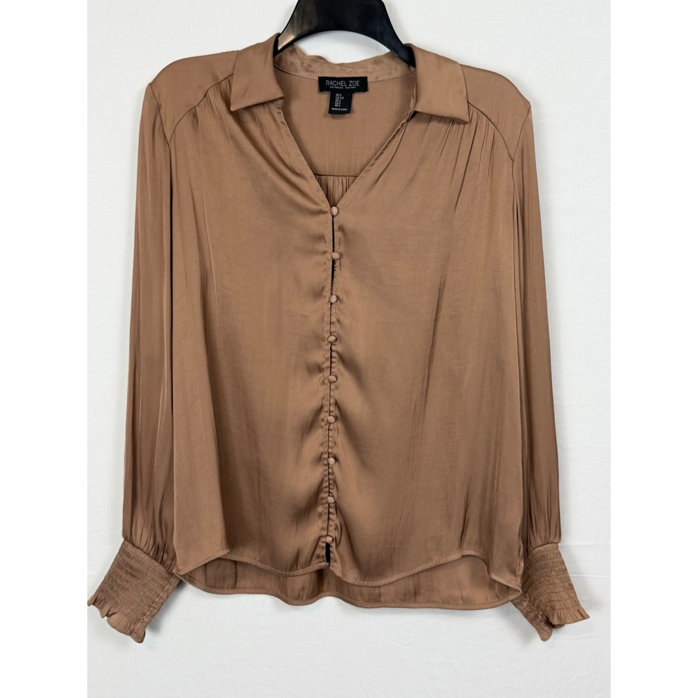 Rachel Zoe Women Blouse S Bronze Smocked Cuff Button Front V-Neck Satin Finish